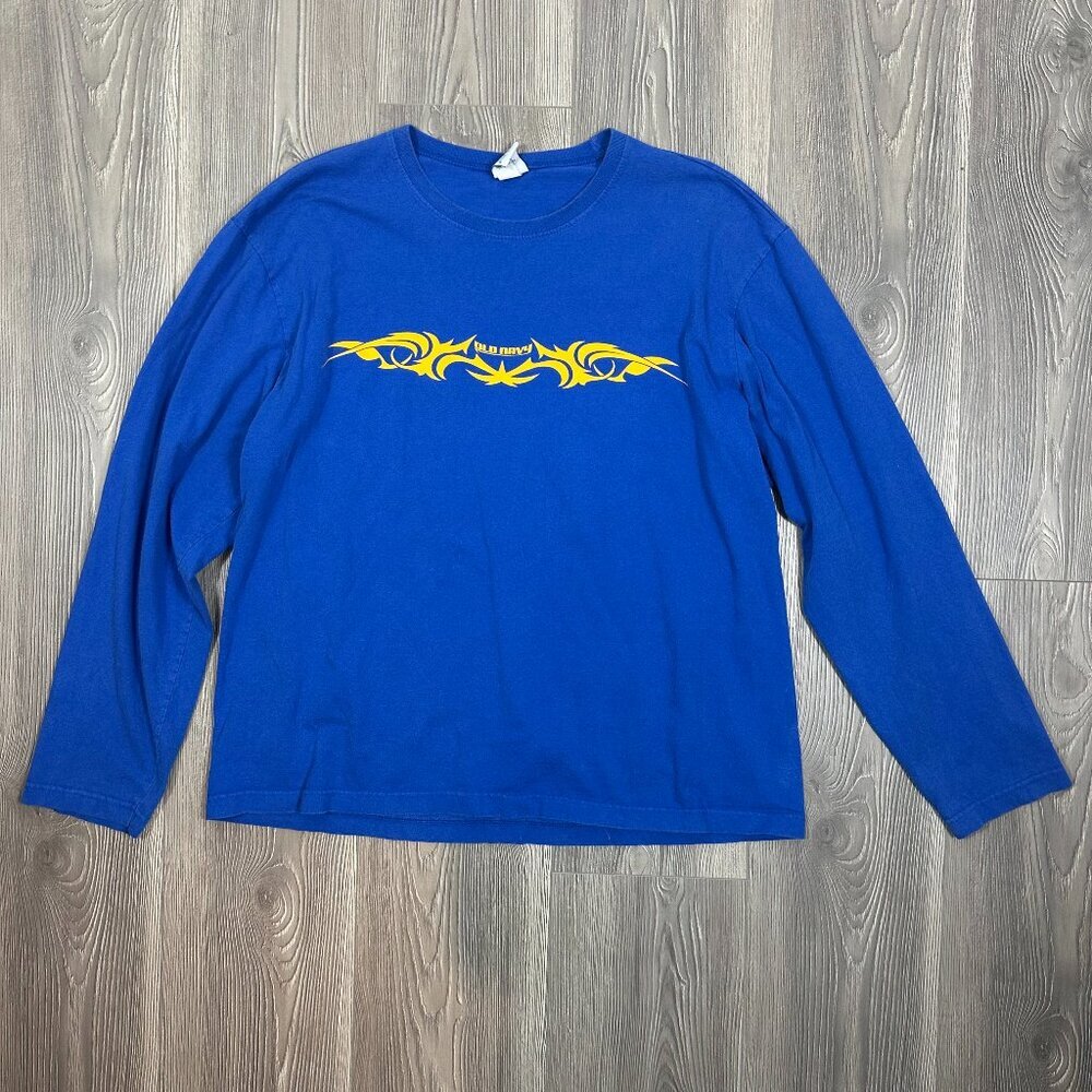 Vintage Y2K Old Navy Outlet Blue Long Sleeve TShirt Yellow Tribal Graphic Mens L